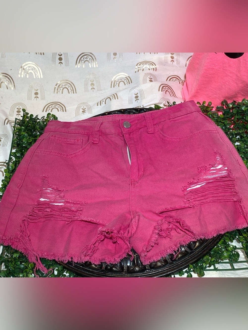 SHEIN Bright Pink Distressed Denim Shorts